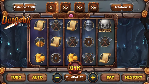 Dungeon Slot game screenshot showing fantasy-themed slot machine interface